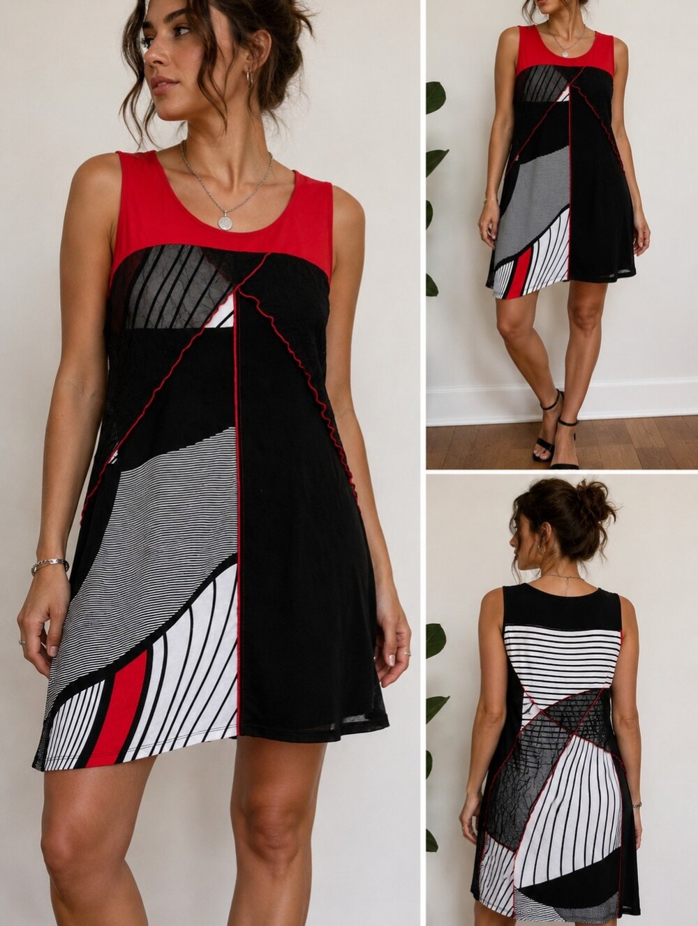 IDÄO Abstract Mesh Patchwork Dress Size L Red Black White